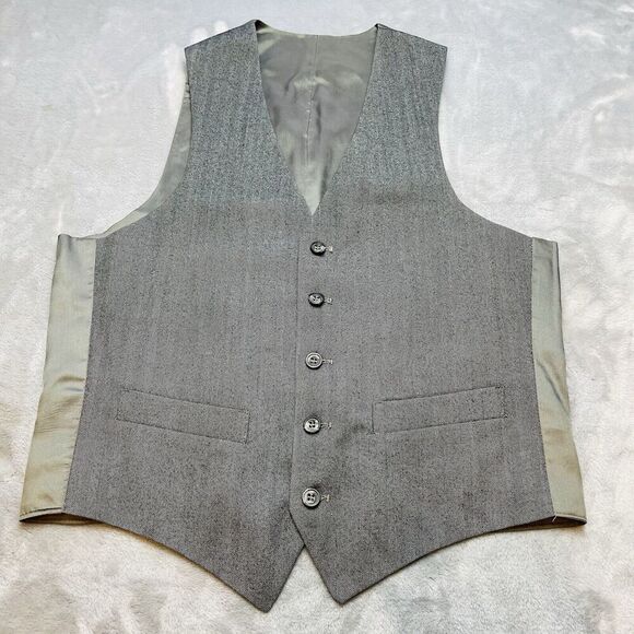 Classic Formal Waistcoat Vest Mens M Gray Herringbone Wool Button Up - Picture 2 of 5
